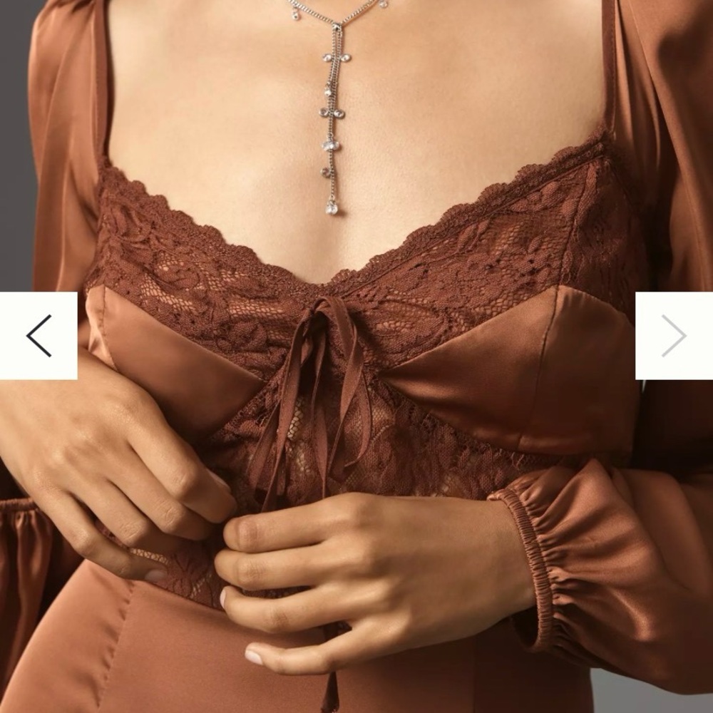 Satin & Lace Tie-Front Midi Dress in Rust Brown